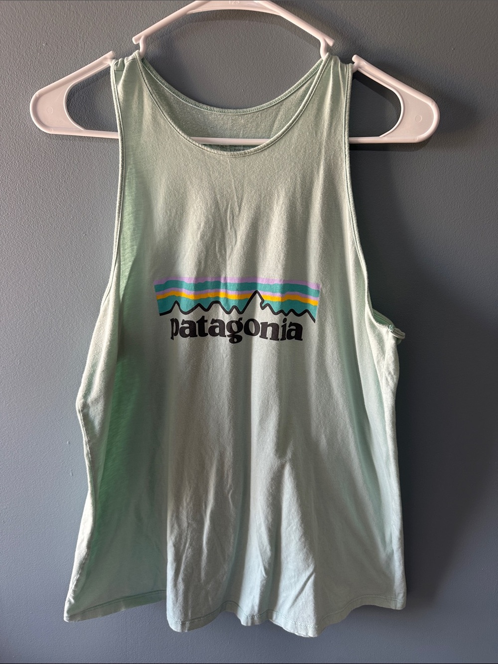 Patagonia Mint Green Logo Tank with Multicolor Stripe Graphic
